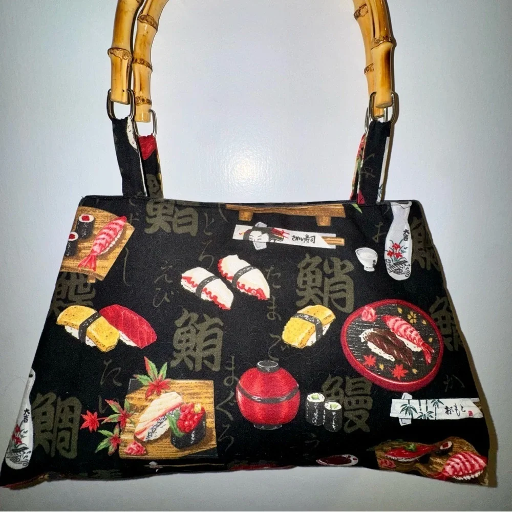 Vintage Sushi Print Handbag with Bamboo Handles